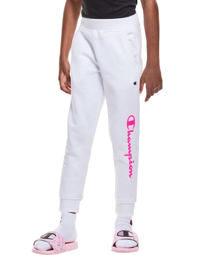 Champion Girls Joggers NZ - Fleece Script Logo White ( 2369-KMEGI )